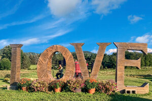 A musician plays behind local art piece, LOVE.