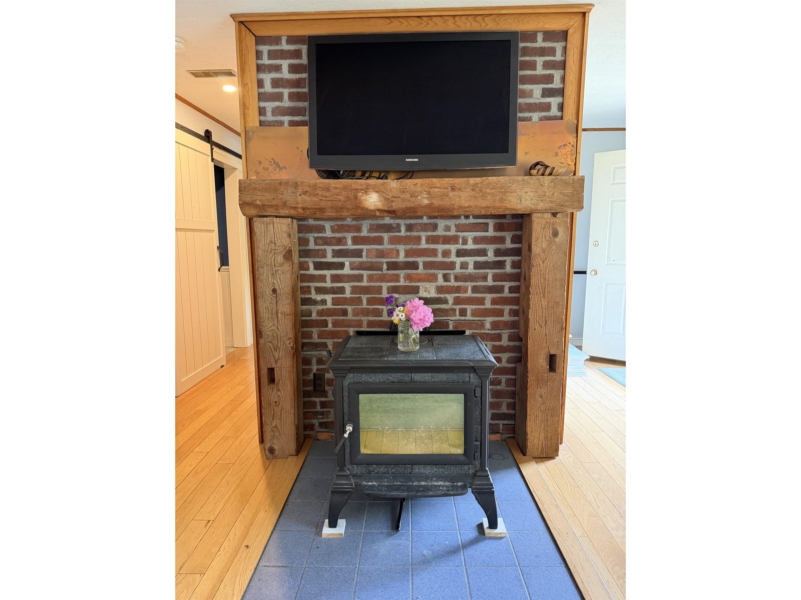 beautiful beams- woodstove heats the whole house.
