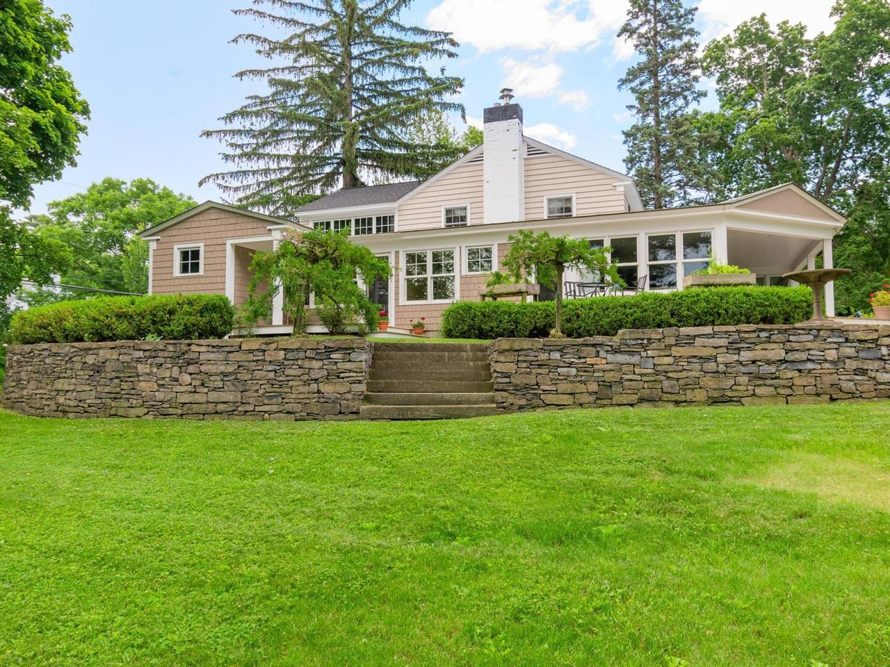 Stone walls accent the home