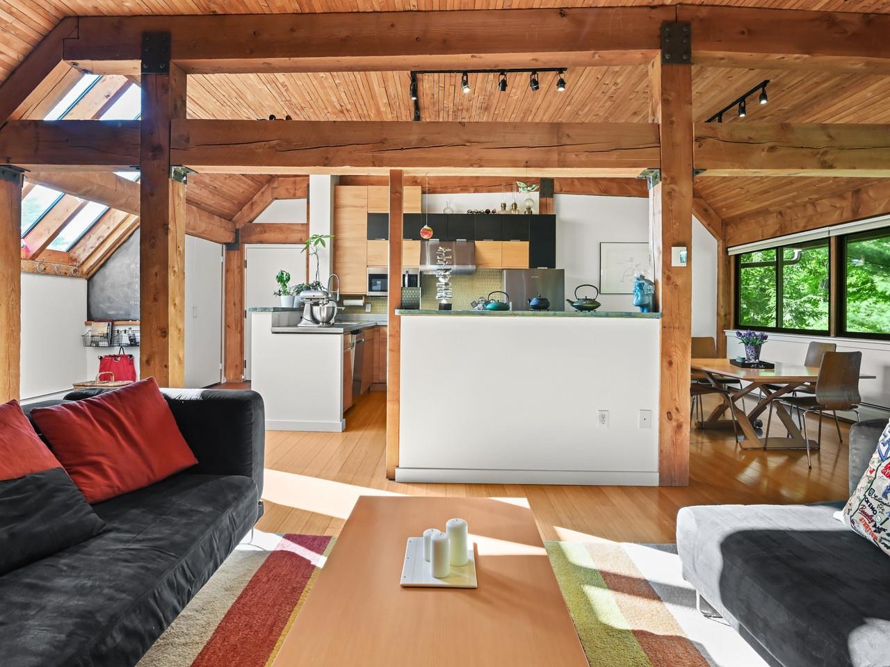 Open layout with wood beams