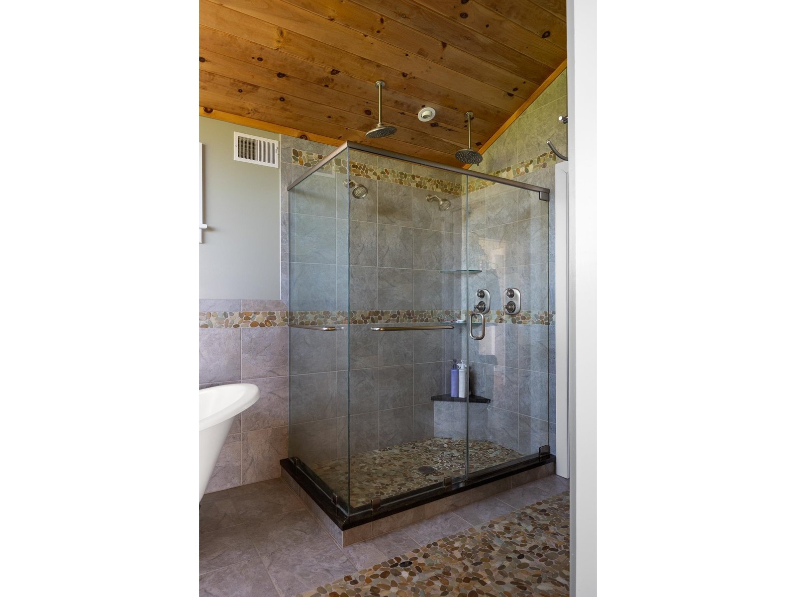 custom 5' glass and tile shower with double rain shower heads