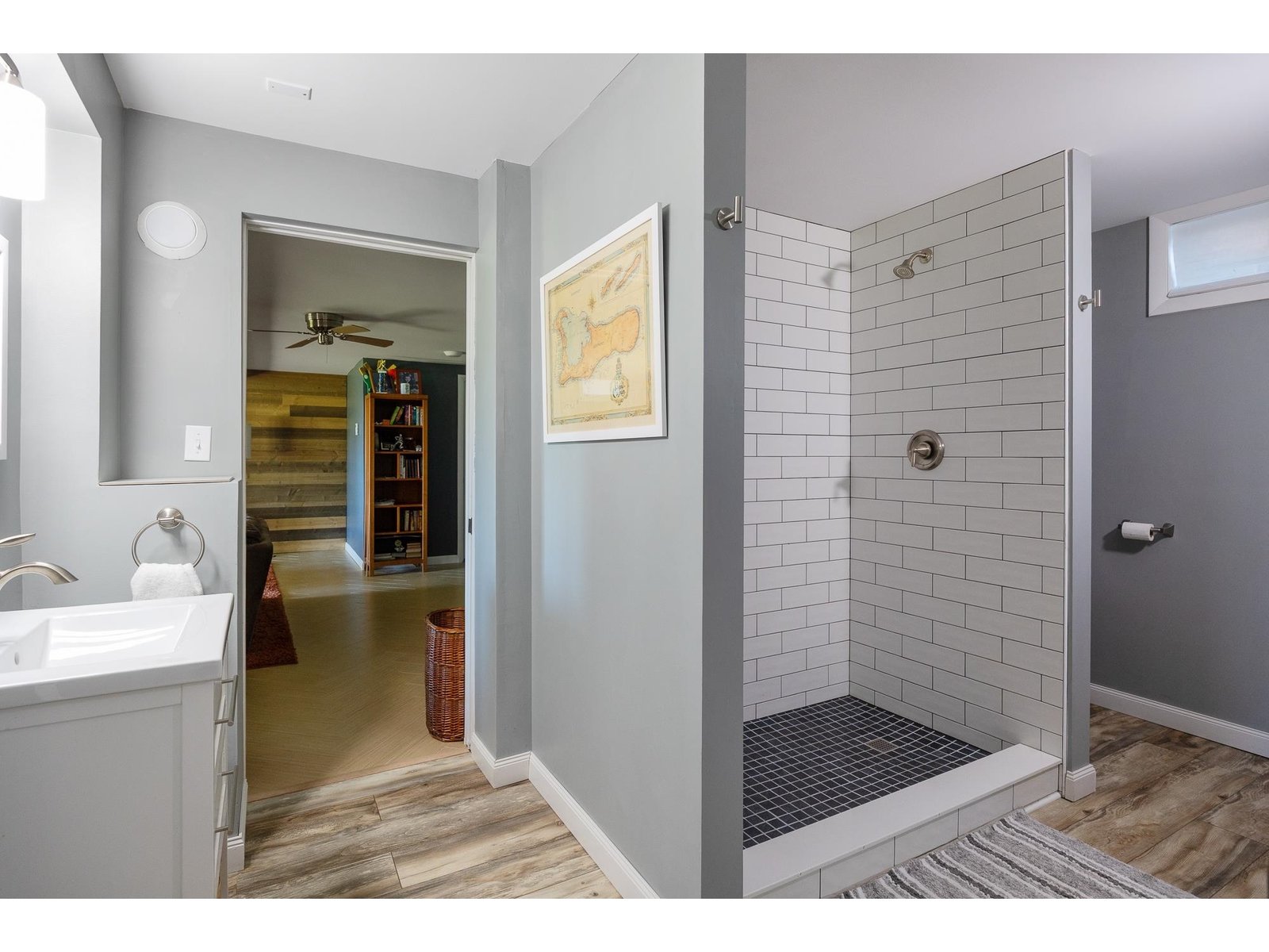 New lower level 3/4 bath with 5' custom tile shower