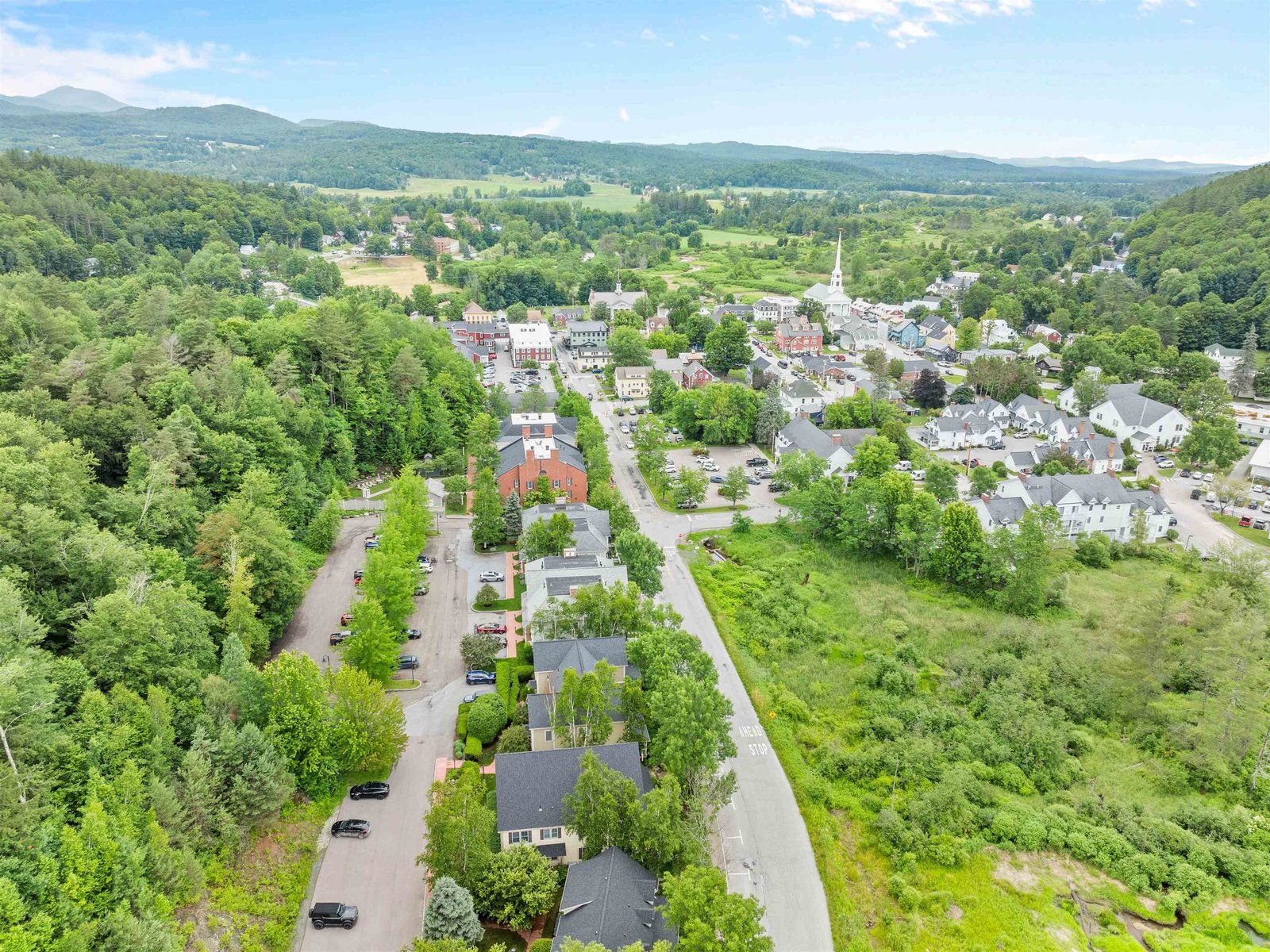 Aerial of The Depot Street Townhouses and Stowe Village