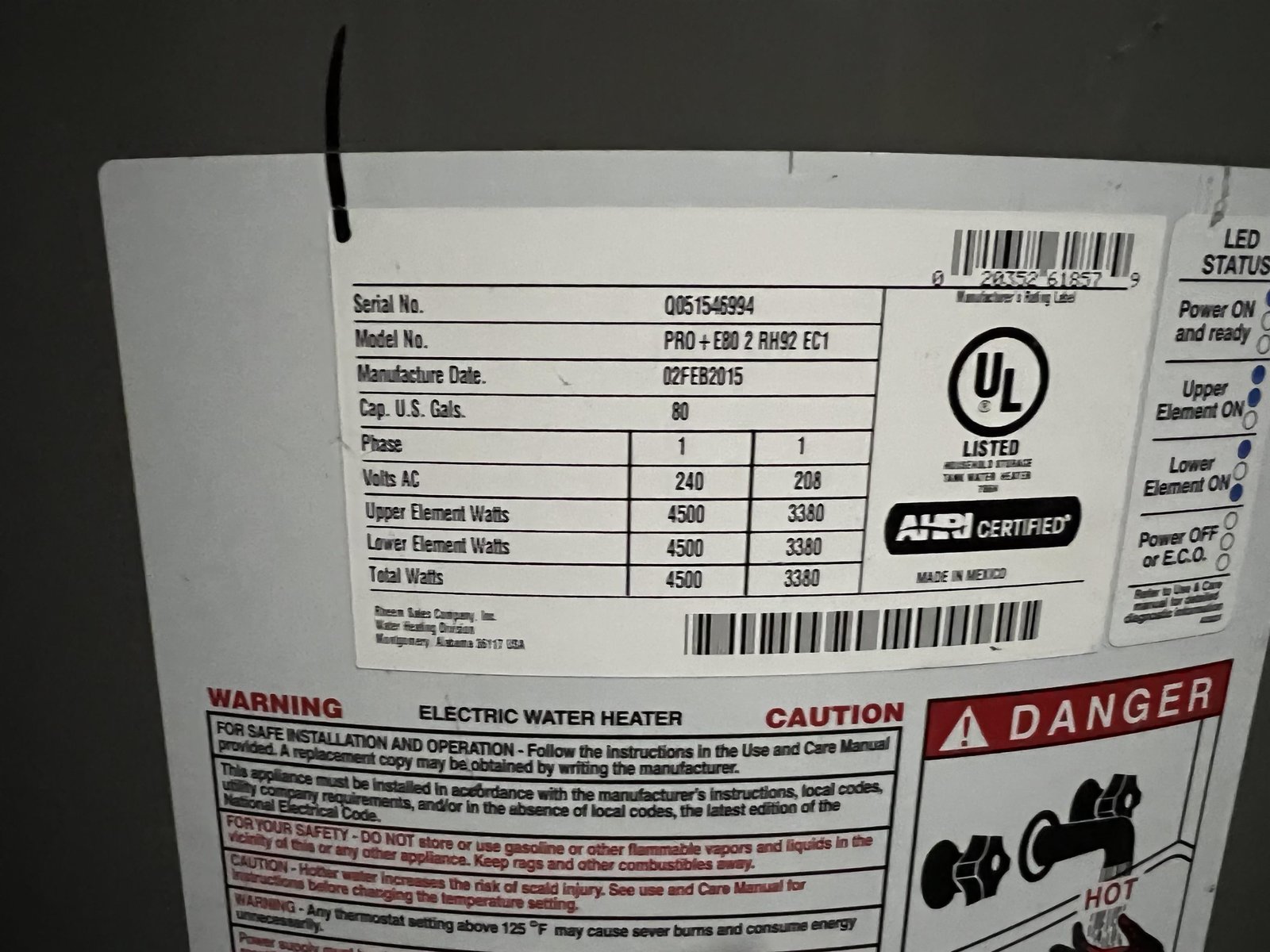 80 G Elec Hot Water Tank