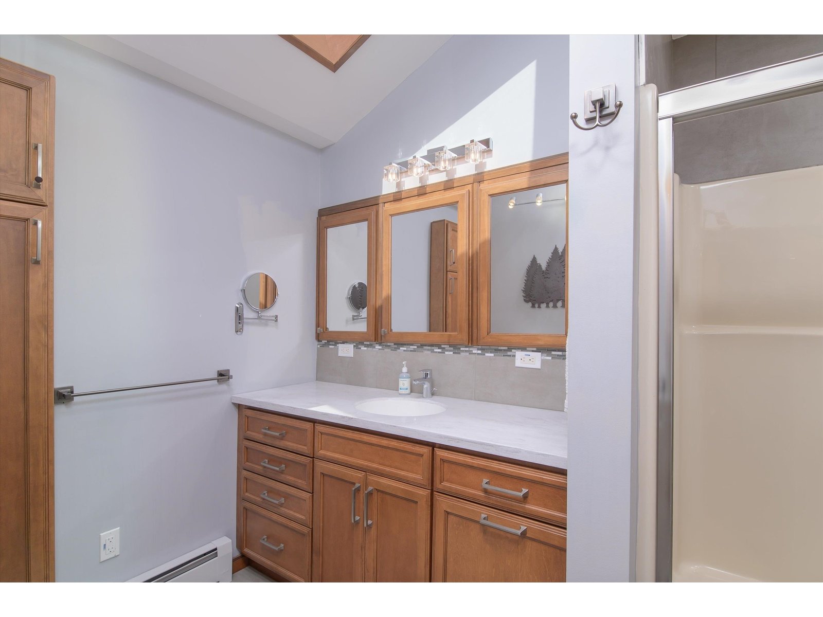 Updated skylit bath with wood cabinetry