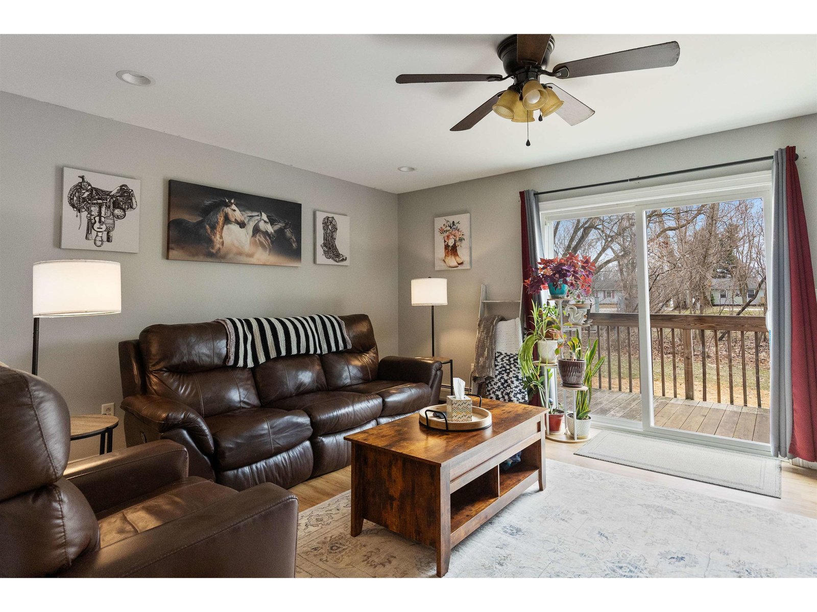 Large living room with slider to rear deck