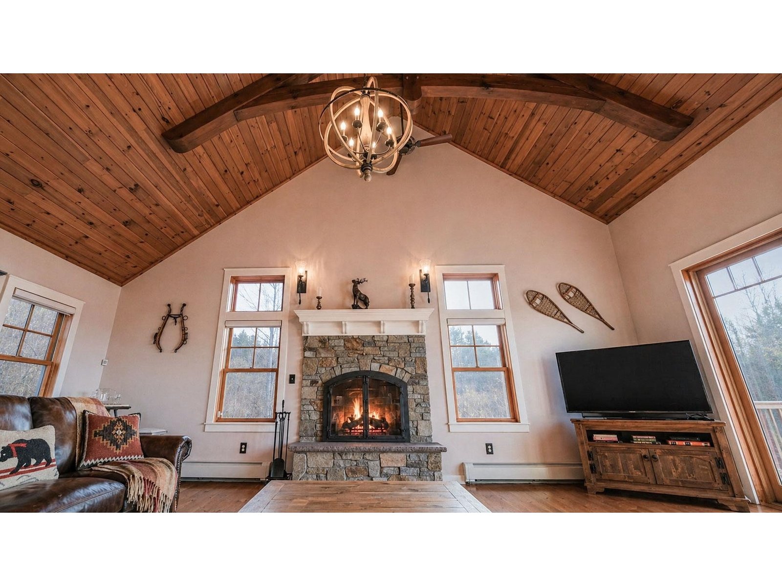 Wood burning stone fireplace