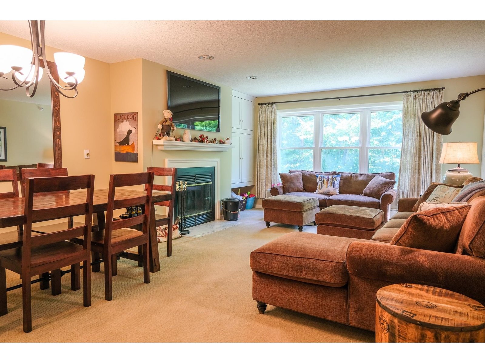 Living room with wood fireplace