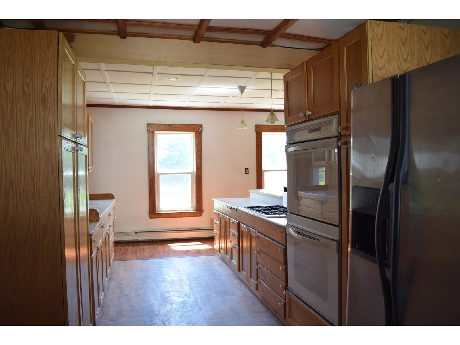 Refrigerator, Double wall oven, downdraft cooktop, dishwasher