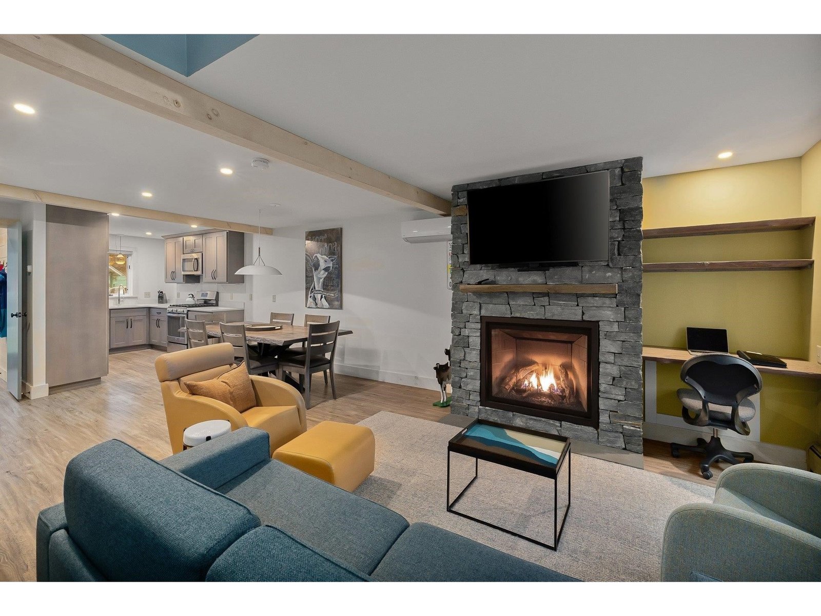 New gas fireplace with custom masonry anchors living space