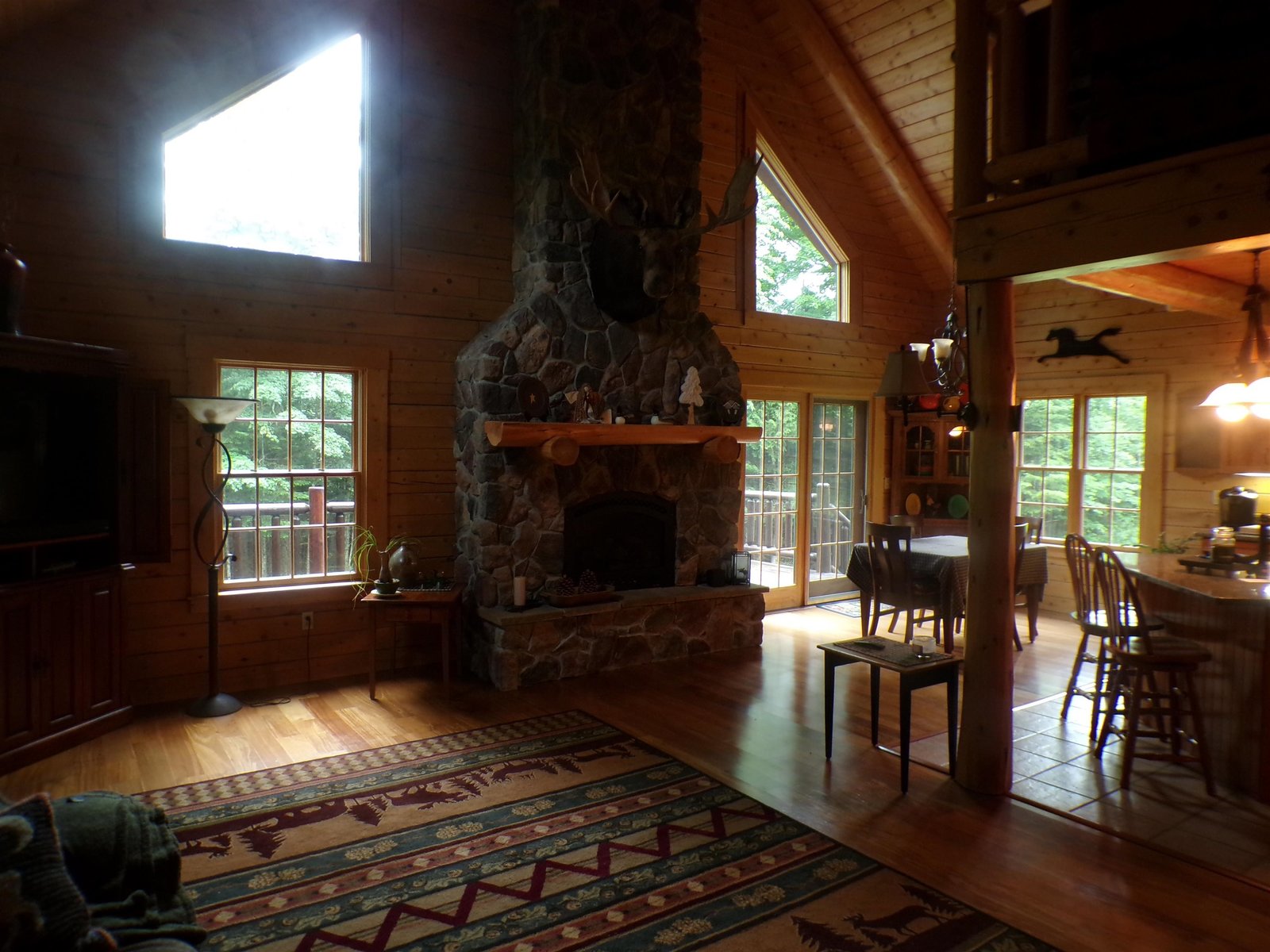 Stone fireplace with Moose head