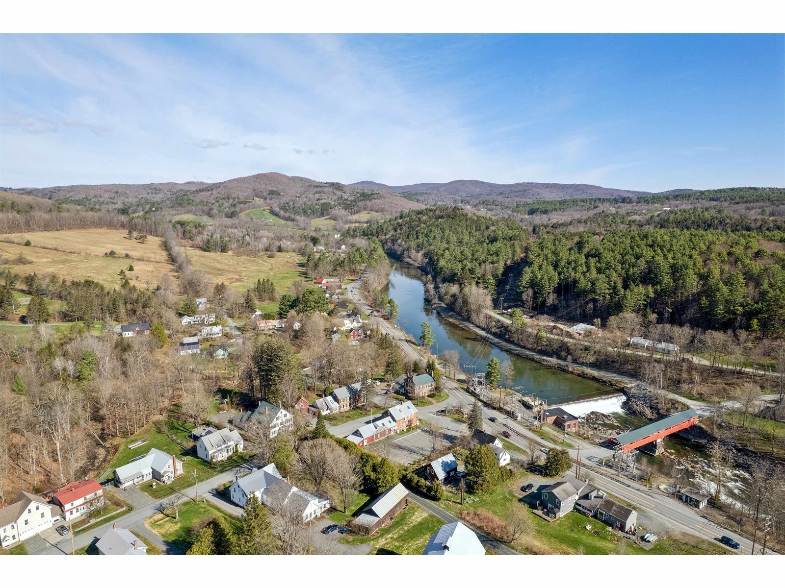 Aerial of 88 Happy Valley Road and Historic Taftsville Covered Bridge
