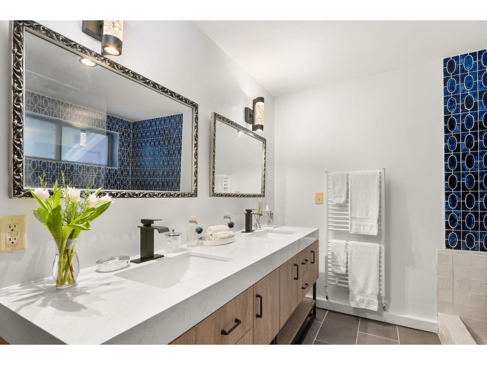 Double sink vanity and heated floor