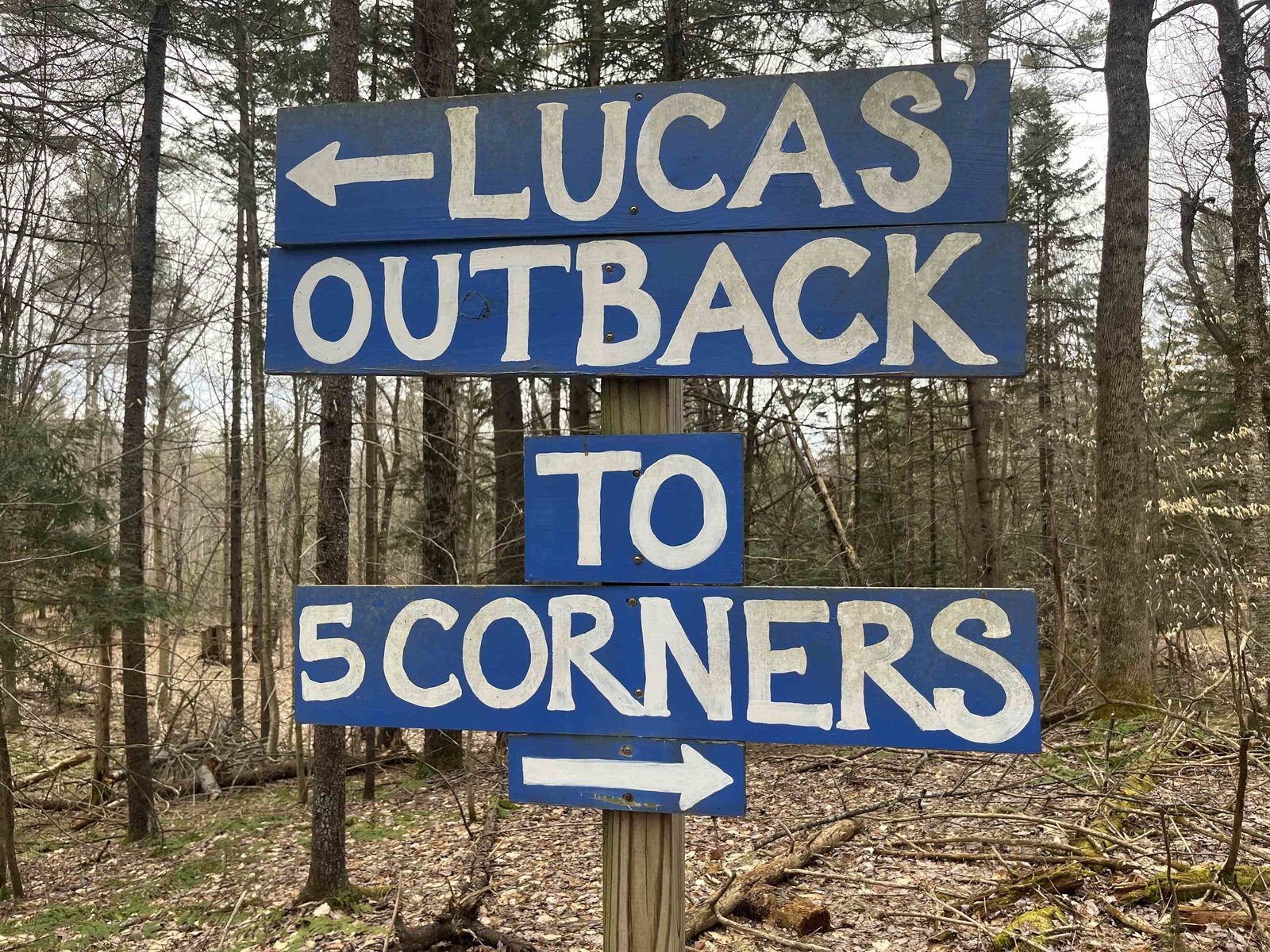 Cricket Hill trail sign for Luca's Outback that borders Lot 5