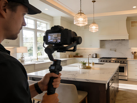 Videographer using a handheld gimbal camera to film a bright luxury kitchen with a large island, marble countertops, pendant lighting, and stainless steel appliances.