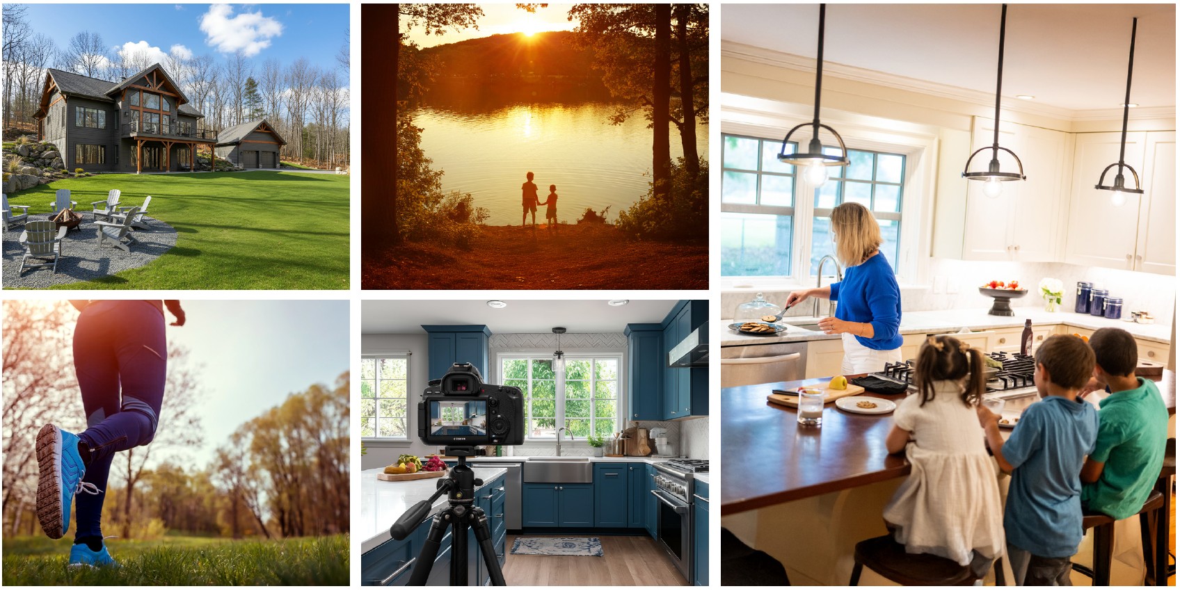 Collage of six images illustrating the lifestyle and marketing of a home: a modern house with a large lawn and outdoor firepit area, two people standing by a lake at sunset, a person running on a trail, a professional camera photographing a bright kitchen, and a parent cooking while children sit at a kitchen island.